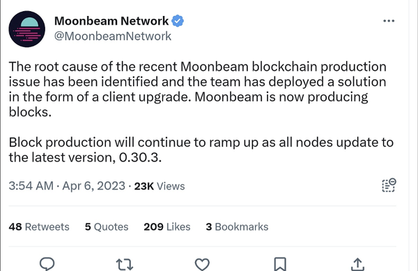 Moonbeam网络出现宕机事故