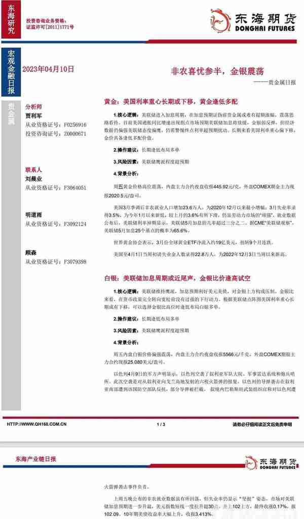 【东海期货4月10日产业链日报】贵金属篇：非农喜忧参半，金银震荡_外汇动态报道_汇通财经www.fx678.com