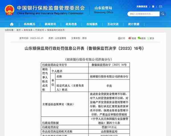 因严重违反审慎经营规则，招商银行济南分行、平安银行济南分行被罚