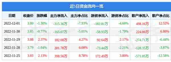 重庆建工（600939）12月1日主力资金净卖出315.36万元